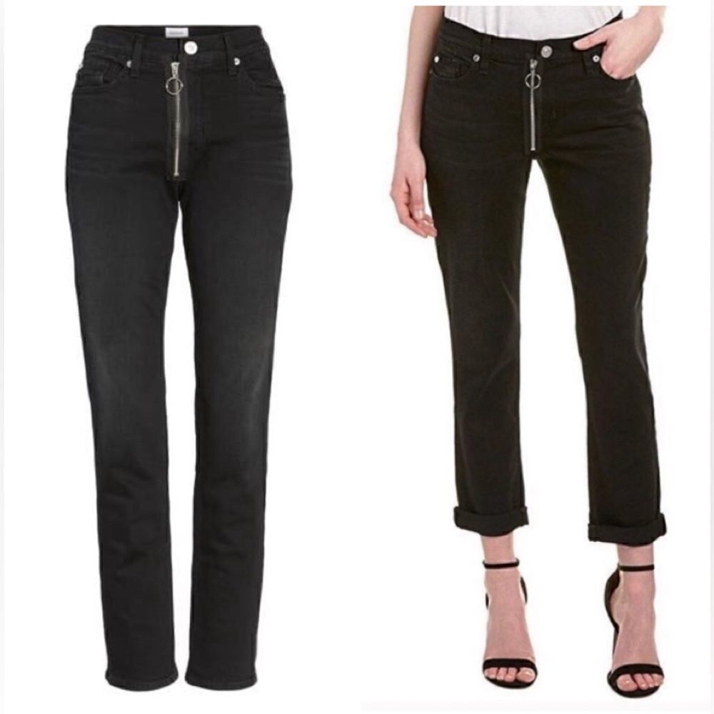 Hudson Crop Riley Relaxed Straight Jeans exposed zipper Black Denim 30